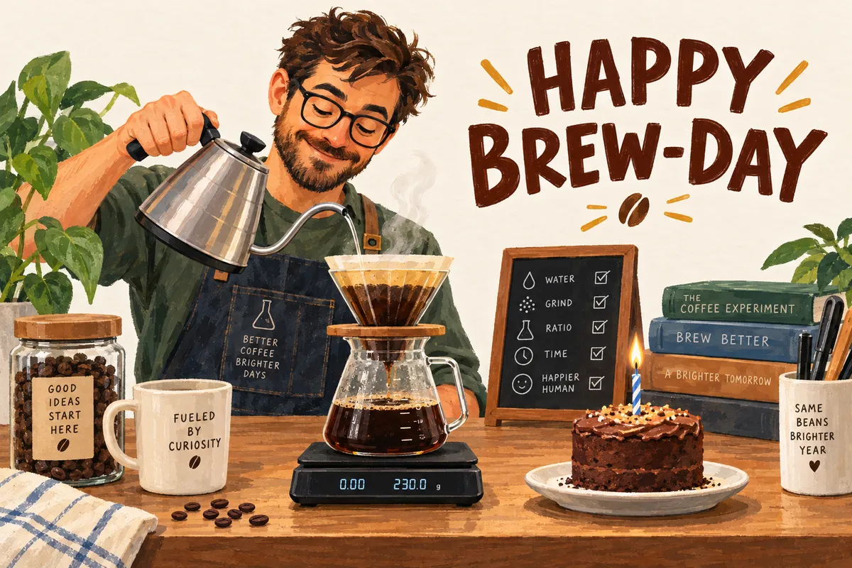 A painted birthday card reading Happy Brew-Day, showing a man pouring water over a pour-over coffee setup with a checklist board and a small cake with a candle