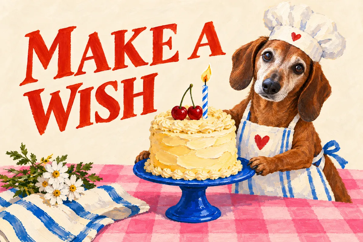 The Make a Wish birthday card in the same painted style, with a dachshund in a chef's hat and apron standing behind the cake