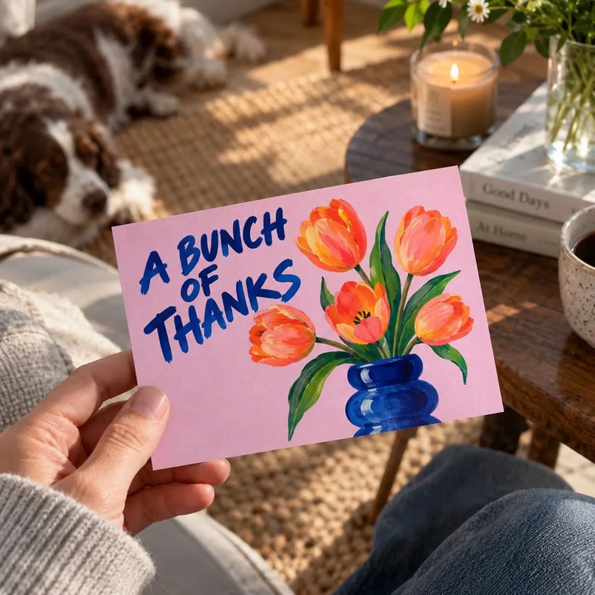 Printed 'A bunch of thanks' tulip postcard held in hand, with a dog resting in the background