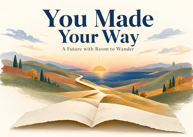 A congratulations card for any graduate, with a winding road opening onto a wide, hopeful future.