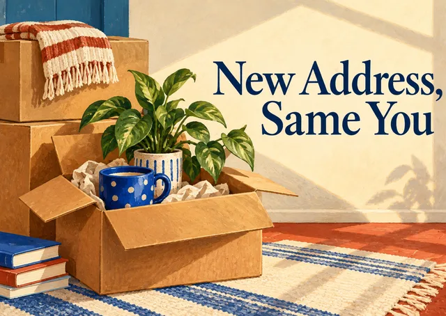 A warm, playful housewarming for someone settling into a new place, rented or owned, with boxes and a plant.