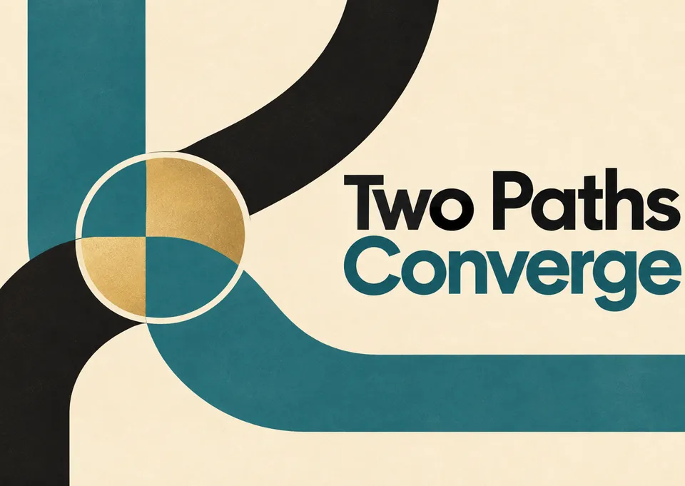 A wedding or anniversary invitation with two roads meeting in a gold circle, marking two lives coming together.