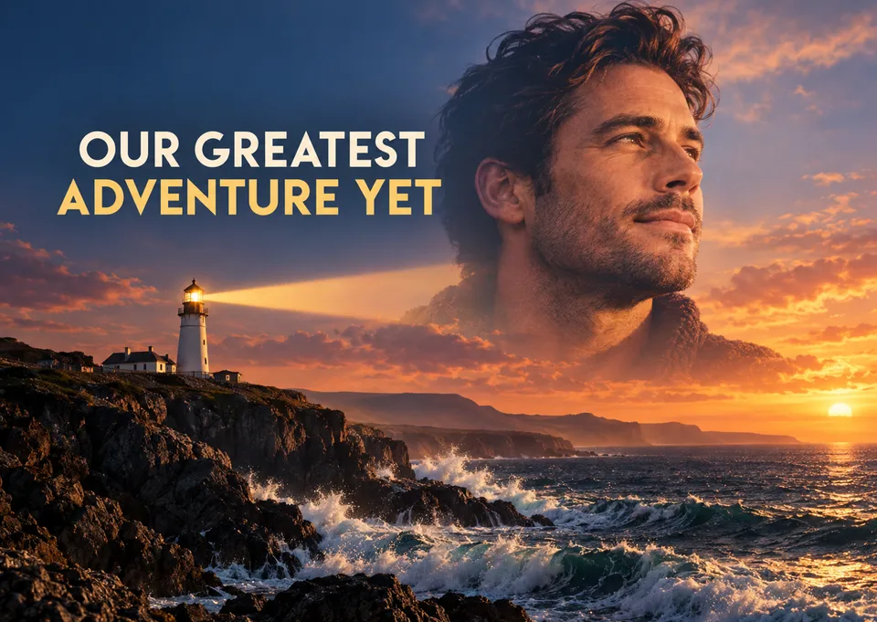 A cinematic anniversary postcard starring their photo, with a sunset lighthouse, dramatic waves and the words “Our greatest adventure yet”.