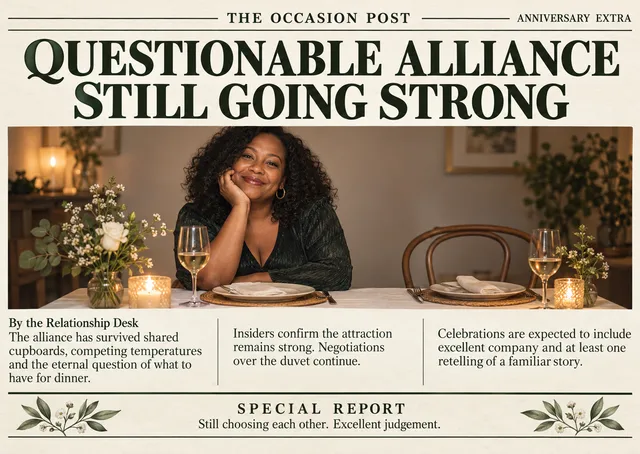 A funny anniversary card for a long-term partner, styled as a Sunday paper front page with a headline that celebrates a questionable but lasting alliance. Perfect for a witty, affectionate hello.