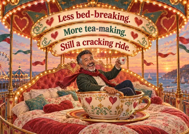 A cheeky anniversary card for a long-term partner, showing a fully clothed teacup ride on a giant bed and a grin that says you are still going strong.