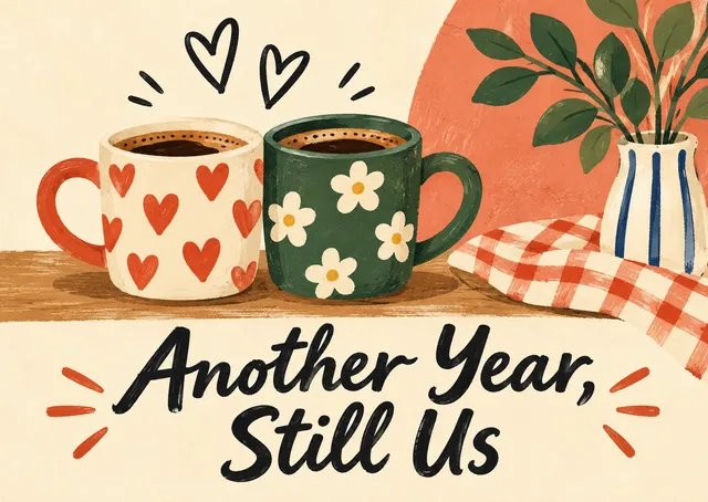 A sweet, cozy anniversary card for anyone you love. Perfect for celebrating a lasting partnership with warm, heartfelt sentiment.