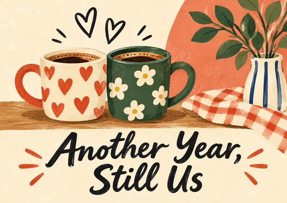 A sweet, cozy anniversary card for anyone you love. Perfect for celebrating a lasting partnership with warm, heartfelt sentiment.