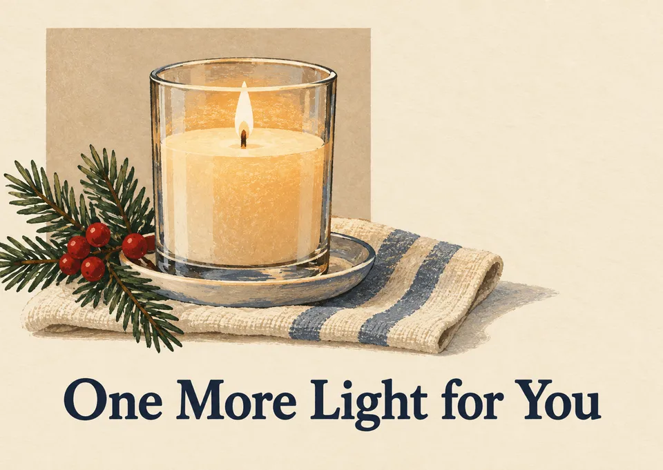 A tender Christmas card for a parent, with a softly glowing candle to say thank you for the light they still bring.