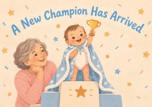 A tender new baby announcement for grandparents. This card celebrates the new arrival as a tiny champion, with a heartwarming touch and a sense of wonder.