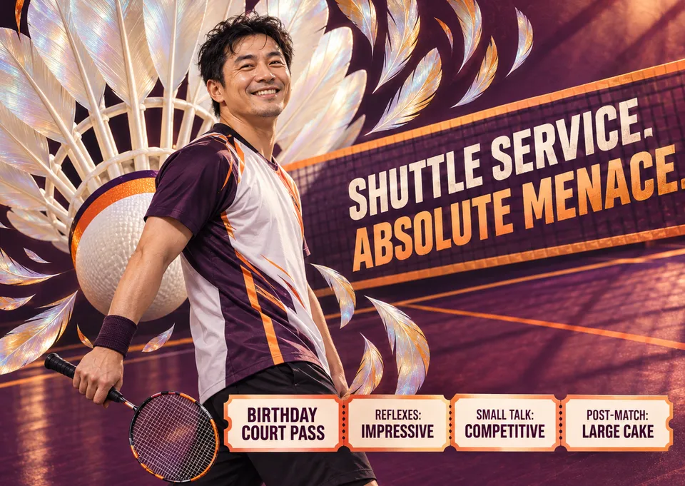 A funny birthday card for an adult friend who takes every rally far too seriously. It shows a confident badminton player and a giant shuttlecock, with a bold, playful hello.