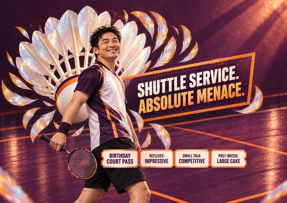 Ett roligt födelsedagskort till en vuxen vän som tar sin badminton på allvar. Det har ett kraftfullt sportsamlarutseende och ett busigt budskap som får dem att skratta.