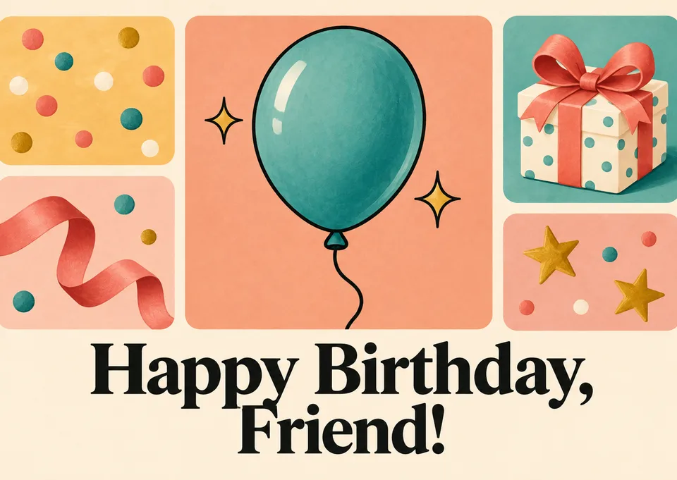 A classic birthday party card for a friend, with a floating balloon, wrapped gift and confetti to keep it simple and sweet.