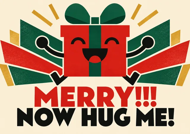 A big, loud Christmas card for a partner, with a grinning gift box shouting for a hug and maximum holiday energy.