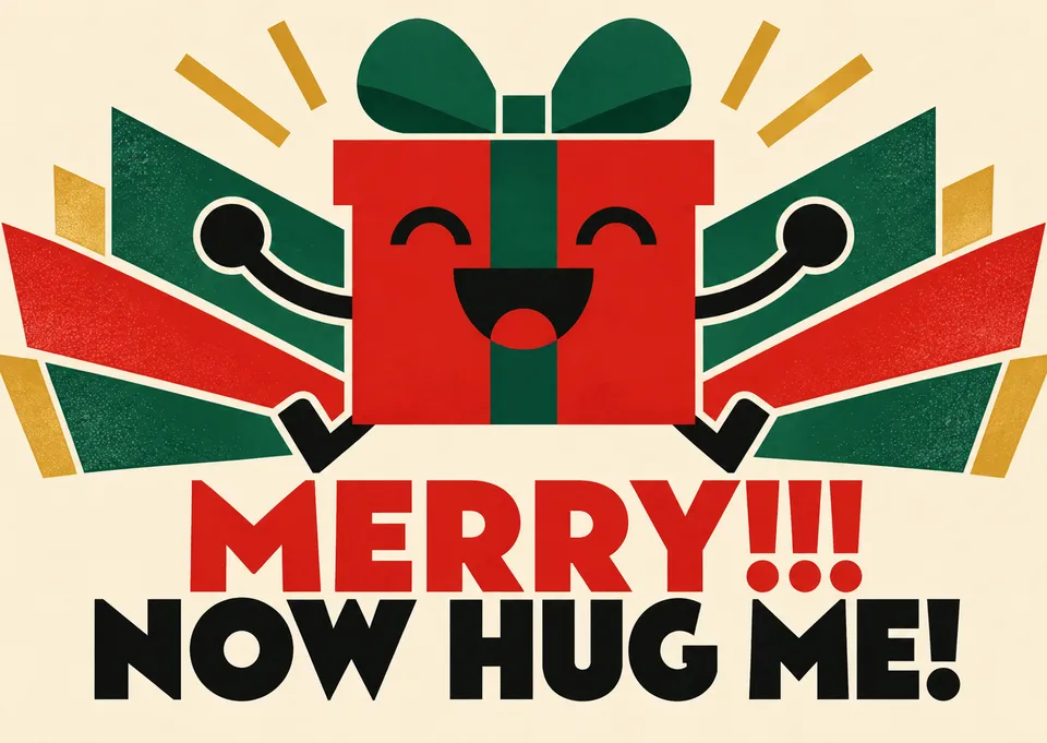A big, loud Christmas card for a partner, with a grinning gift box shouting for a hug and maximum holiday energy.