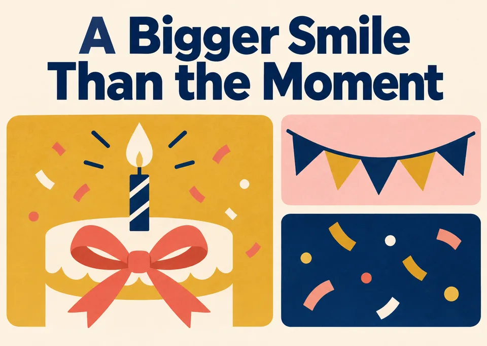 A warm invitation to celebrate a milestone, with a birthday cake, a pennant banner, and confetti to set the mood.