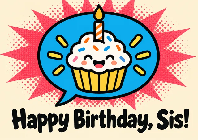 A light, funny birthday card for a sister or brother, with a grinning cupcake shouting out a big happy birthday.