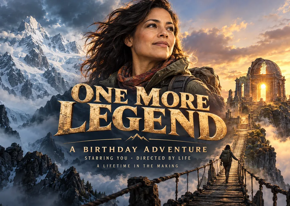 Eine filmreife Geburtstagskarte für einen erwachsenen Freund oder ein Familienmitglied, das Abenteuer liebt. Dramatische Berge und eine Hauptfigur machen den Geburtstag zum Blockbuster.
