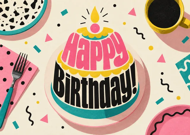 A bold birthday card where the words HAPPY BIRTHDAY stack up to form a cake. Perfect for anyone who appreciates clever design and a strong visual statement.