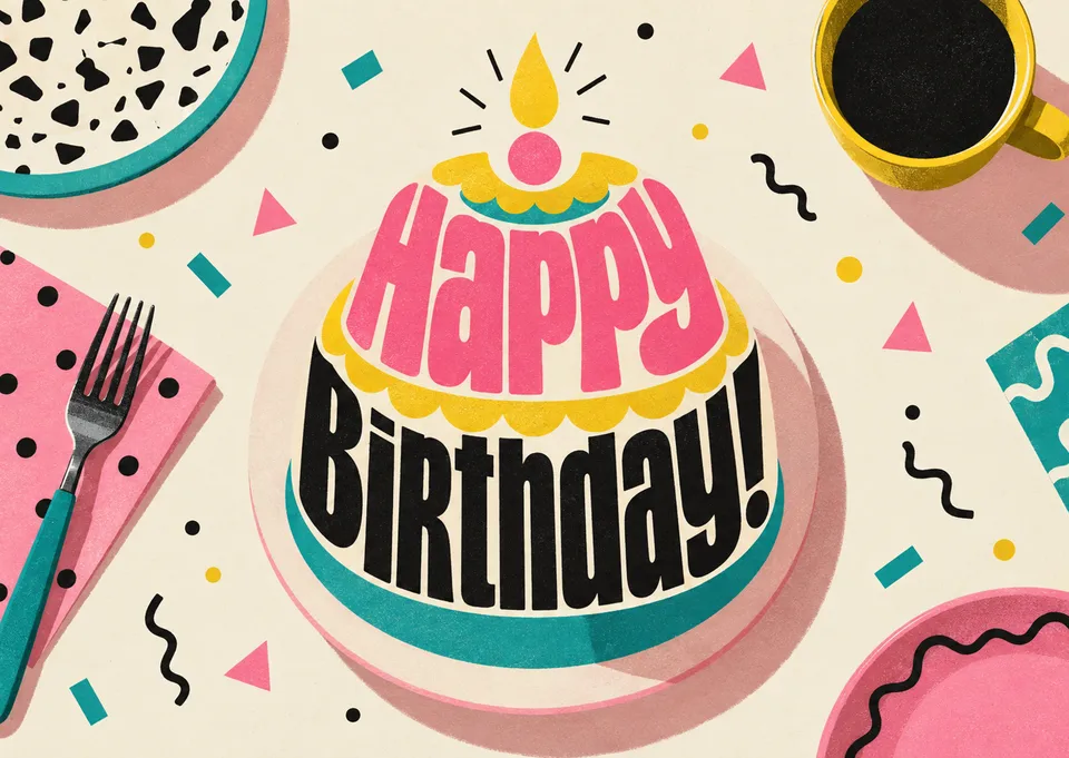 A bold birthday card where the words HAPPY BIRTHDAY stack up to form a cake. Perfect for anyone who appreciates clever design and a strong visual statement.