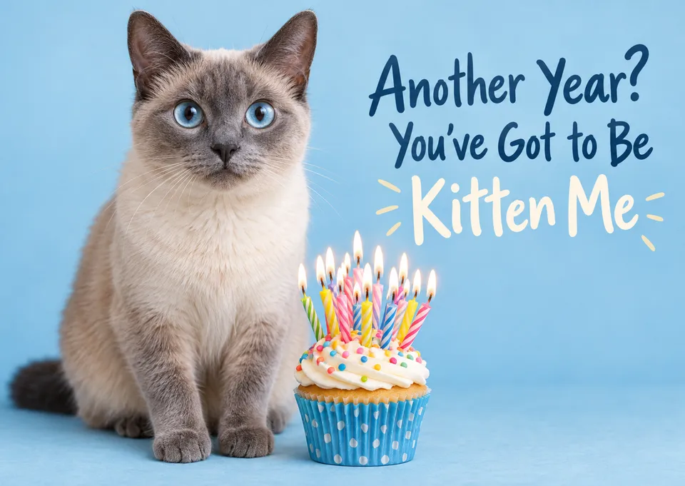 A funny birthday card for cat lovers, featuring a wide-eyed Siamese who can't believe another year has come round. Perfect for a cat-mad friend or relative.
