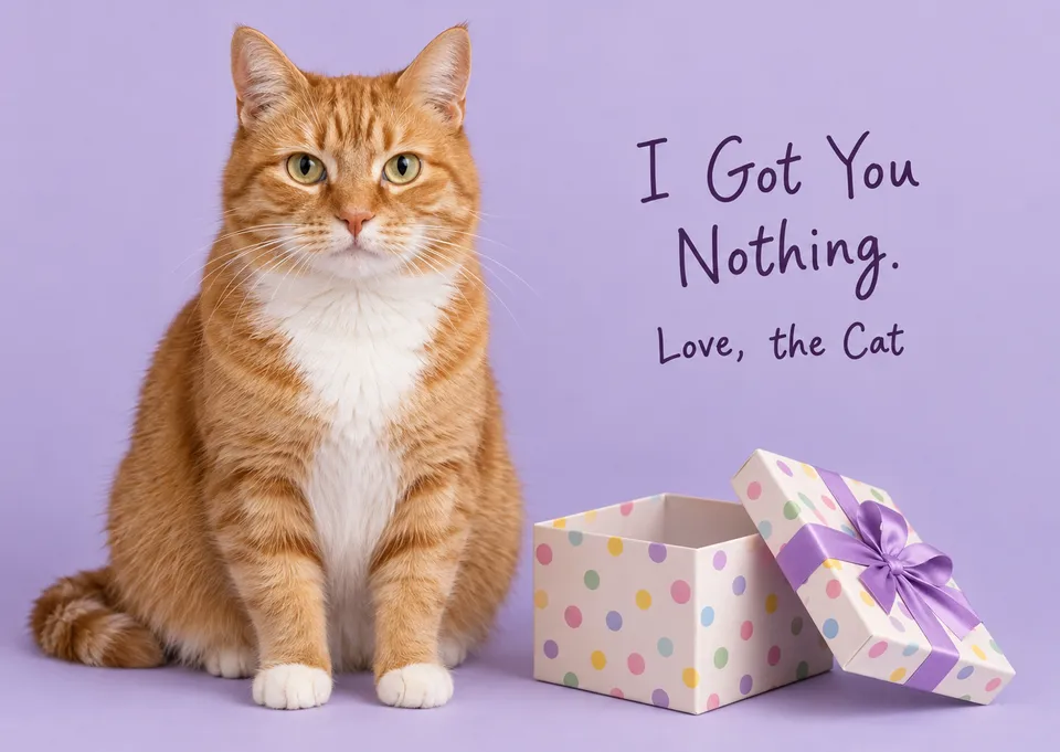 A deadpan birthday card from the cat, for a pet lover or a friend with a sense of humour. A ginger tabby sits by an empty gift box, looking completely unbothered.