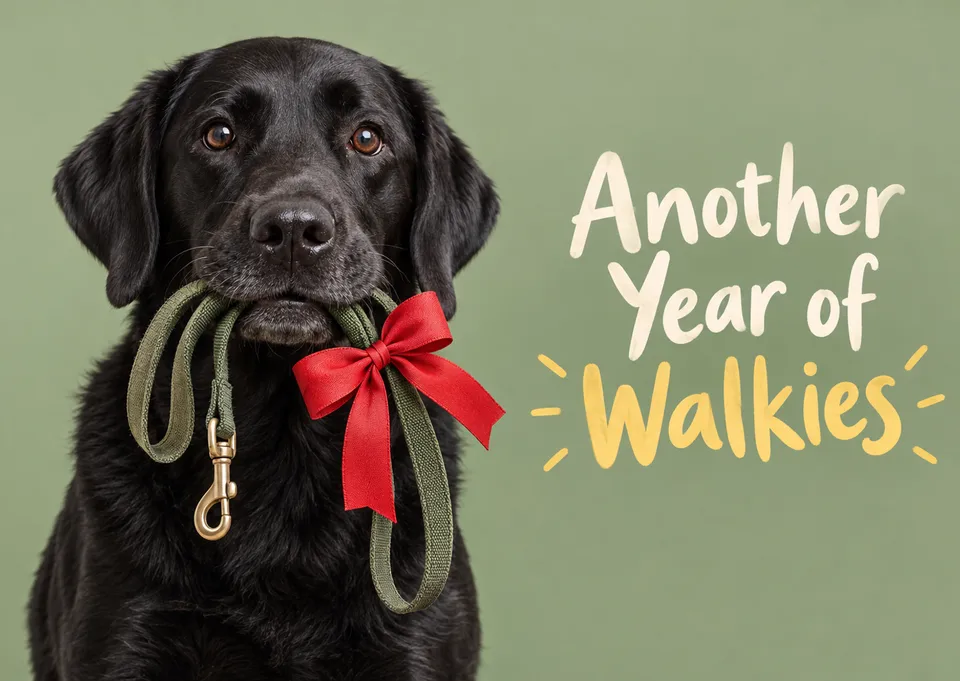 A warm, playful birthday card for anyone who loves their dog or wants a happy hello from one. A photographic black labrador holds a lead tied with a birthday bow, ready for another year of walks.