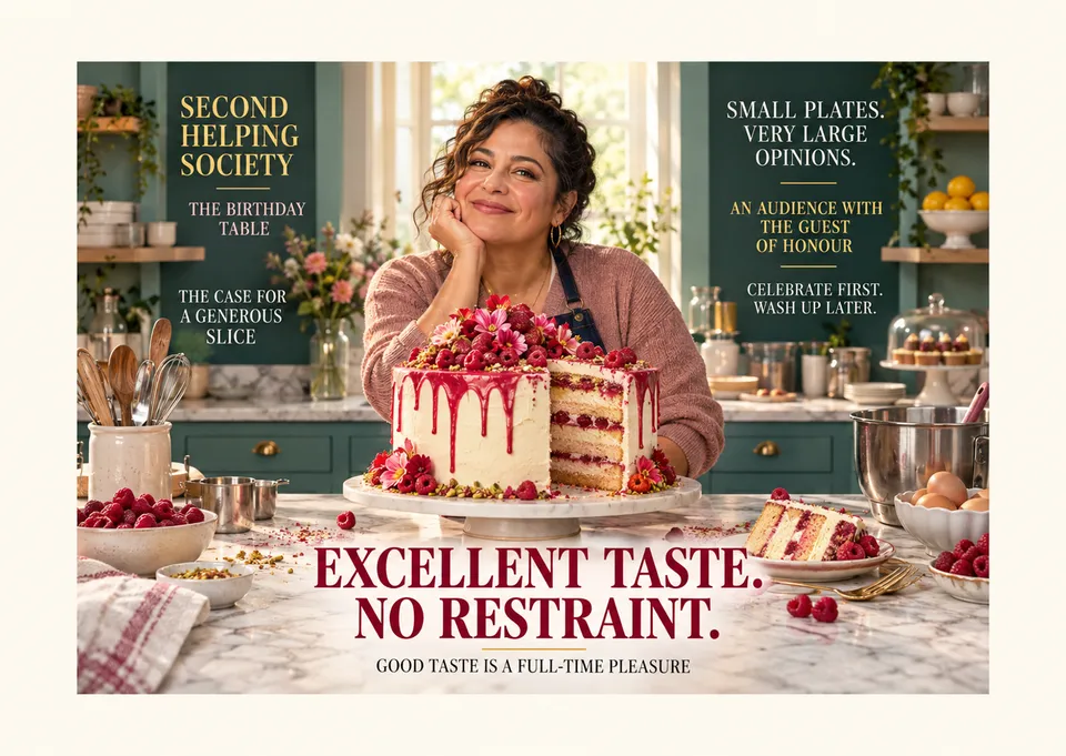 A funny birthday card for an adult friend who loves cake and feasting. It has a glamorous pastry-studio cover and a cheeky, generous wink.