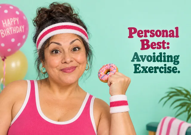 A funny birthday card for a friend or family member who loves working out, with a retro gym star lifting a tiny doughnut. Affectionate humour for someone you know well.