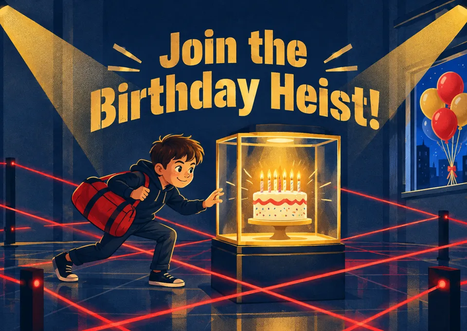 Una emocionante invitación a una fiesta de cumpleaños infantil, con un divertido tema de atraco. Ideal para invitar a amigos a una celebración divertida y llena de aventuras.