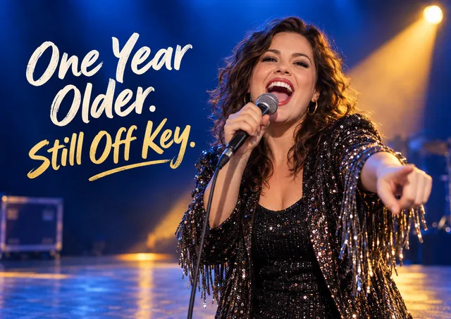 A funny birthday card for a friend or family member who thinks they can sing. It celebrates another year with a big, confident stage moment and plenty of affectionate ribbing.