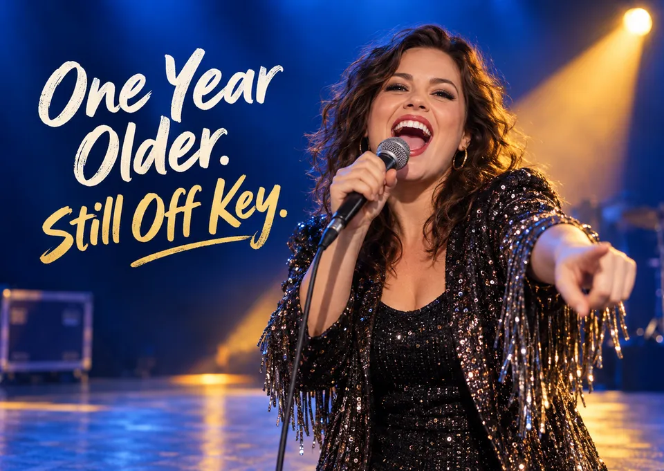 A funny birthday card for a friend or family member who thinks they can sing. It celebrates another year with a big, confident stage moment and plenty of affectionate ribbing.
