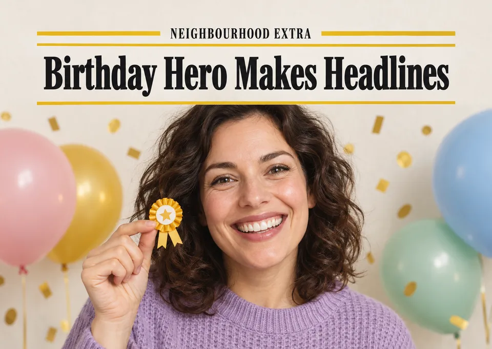 A celebratory birthday card for a friend or family member who deserves front-page attention. Bold, personal and fun, with a newspaper-style hero portrait and room to add their name.
