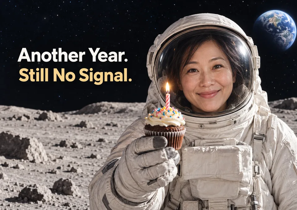 Una tarjeta de cumpleaños divertida para alguien a quien conoces bien, con un astronauta que comparte un cupcake en la luna. Ideal para un amigo que siempre está un poco perdido en su propio mundo.