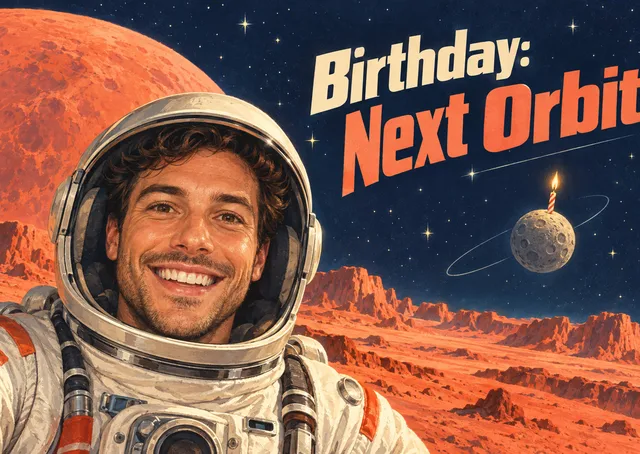A fun birthday card for a friend or family member who loves a bit of drama. A retro space adventure with a big, happy face at its heart.