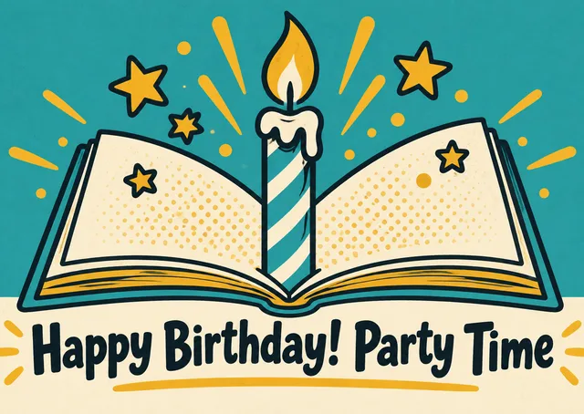 Una tarjeta caprichosa de fiesta de cumpleaños infantil con un libro de cuentos abierto y una vela brillante, ideal para cualquier celebración de pequeños.