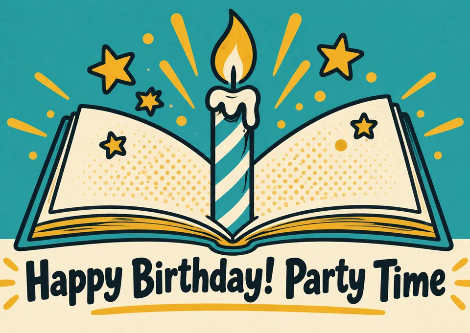 A whimsical kid birthday party card with an open storybook and a bright candle, perfect for any young celebration.
