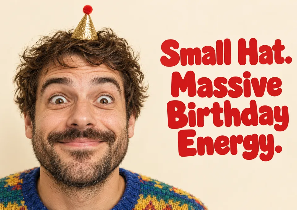 A cheeky birthday card for someone you know well, with a grinning face wearing a comically tiny party hat. Affectionate, absurd and made for a laugh.