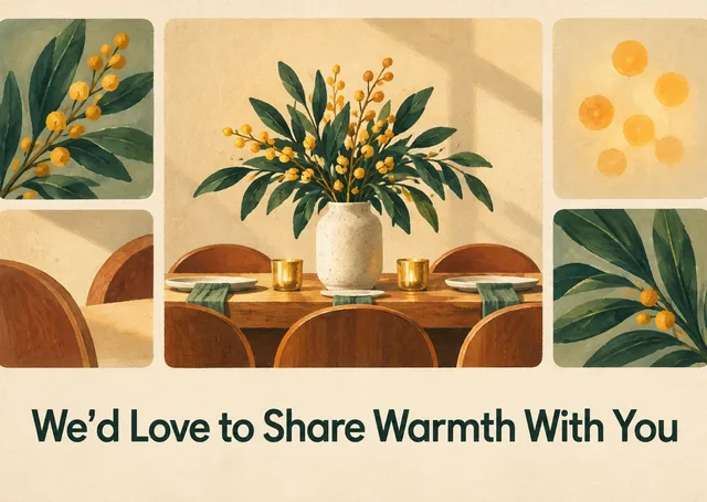 A sincere holiday gathering invitation for a team or coworker, with a table set for mimosa and candlelight.