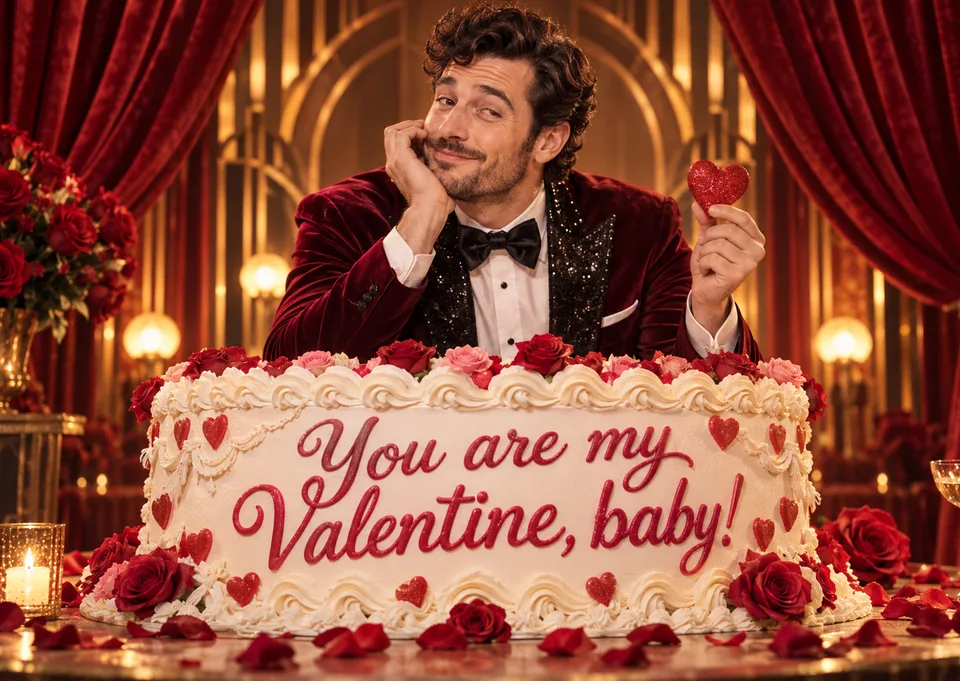 Give your Valentine the star treatment: a velvet cabaret stage, roses and a ridiculously big cake. Add their photo for a personalised card with theatrical charm.