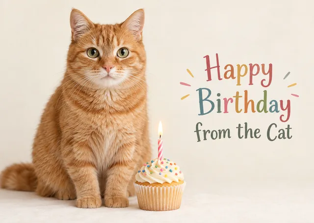 A playful cat birthday card for cat lovers and anyone who wants a warm, cheerful hello. A ginger cat sits beside a birthday cupcake with one lit candle.
