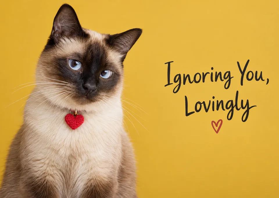 Eine witzige, liebevolle Einfach-so-Karte für Katzenfreunde und die Katzen, denen sie gehören. Eine coole Siamkatze ignoriert dich – liebevoll.
