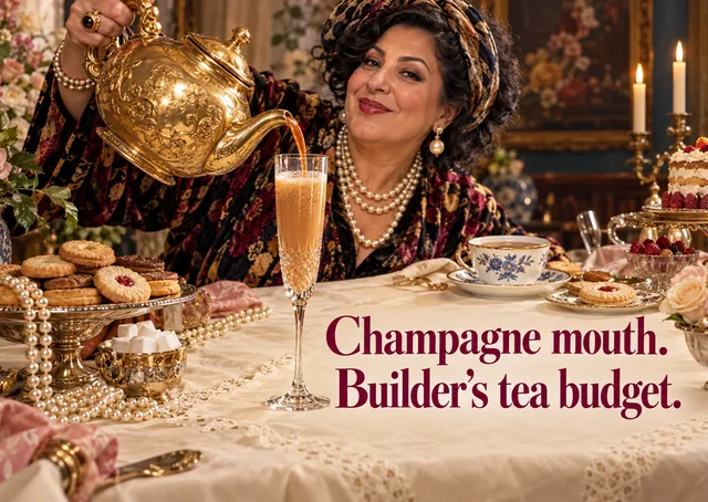 A cheeky birthday card for an adult friend who loves a bit of banter and a lot of glamour. Tea poured like champagne makes it a funny, affectionate pick.