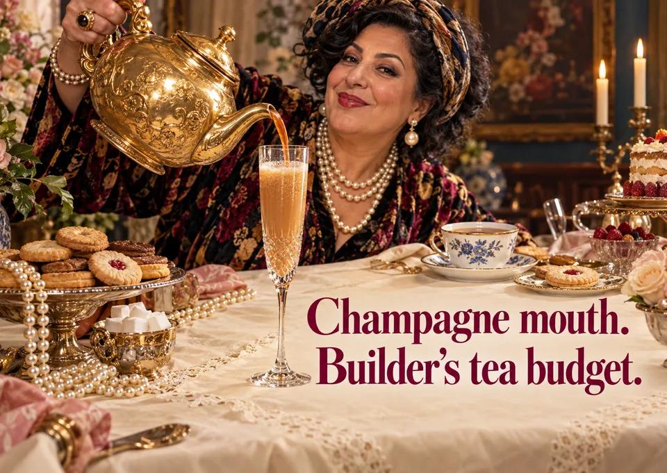 Ett busigt födelsedagskort till en vuxen vän som älskar lite käbbel och mycket glamour. Te som hälls upp som champagne gör det till ett roligt, kärleksfullt val.