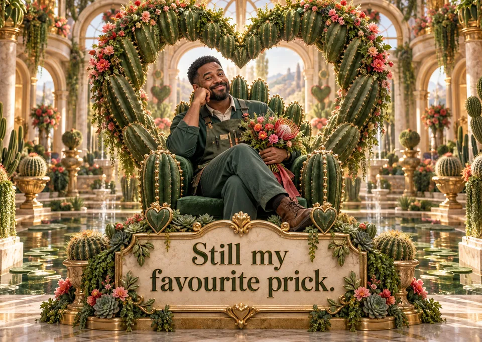 A cheeky anniversary card for a partner with a sharp sense of humour, with a grand botanical throne, a heart-shaped cactus arch and an affectionate insult they will love.