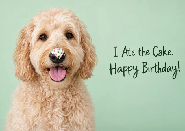 A funny birthday card from the dog, for a pet lover, friend or family member. A cheeky goldendoodle with cake on its nose owns up to the crime.