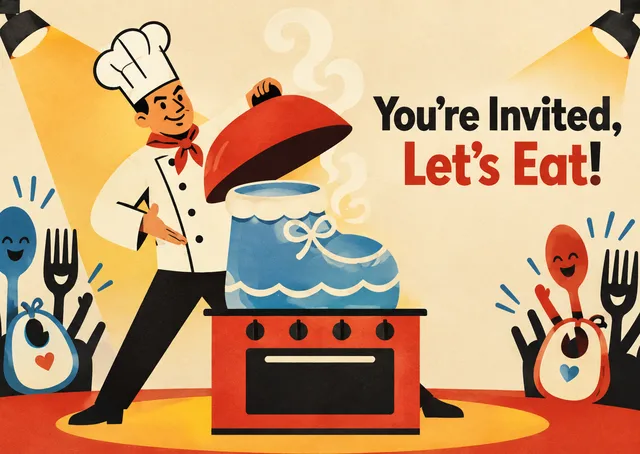 Una invitación retro y con mucho estilo de baby shower con un divertido tema de programa de cocina. Ideal para invitar a celebrar con desparpajo a quien espera un bebé.
