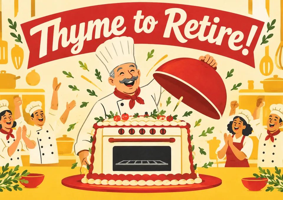 A big, funny retirement card for a dad who loves to cook. This punny card celebrates his new chapter with a grand culinary reveal from his family.