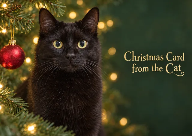 A mischievous Christmas card for cat lovers, pet owners and anyone who has a cat up to no good. A black cat peeks out from the tree, exactly where it should not be.
