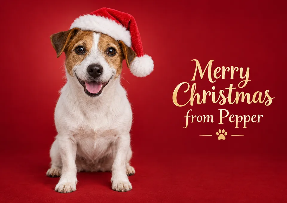 A festive Christmas card from the dog, with a Jack Russell terrier in a Santa hat sending cheerful wishes. Perfect for pet lovers, family and friends this holiday season.