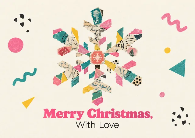 A tender Christmas card for family, friends or anyone on your list, with a snowflake made from old letters and stamps. Spare, quiet and elegant, it suits a heartfelt seasonal note.